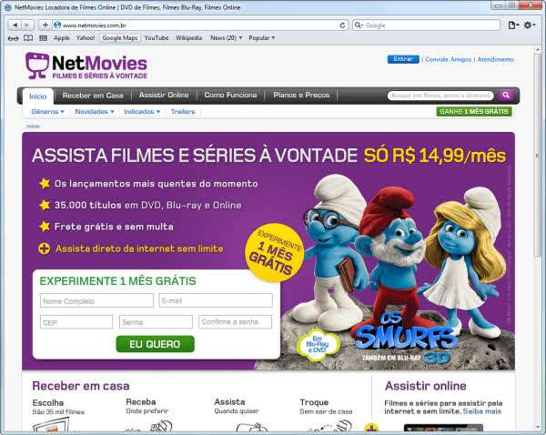 Exemplo de objetivo claro de venda direta na Home Page - Net Movies
