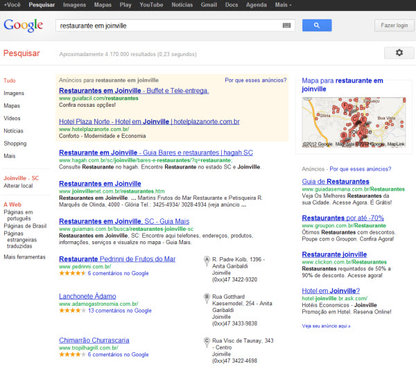 Resultado da busca para o termo "restaurante em joinville" - Google
