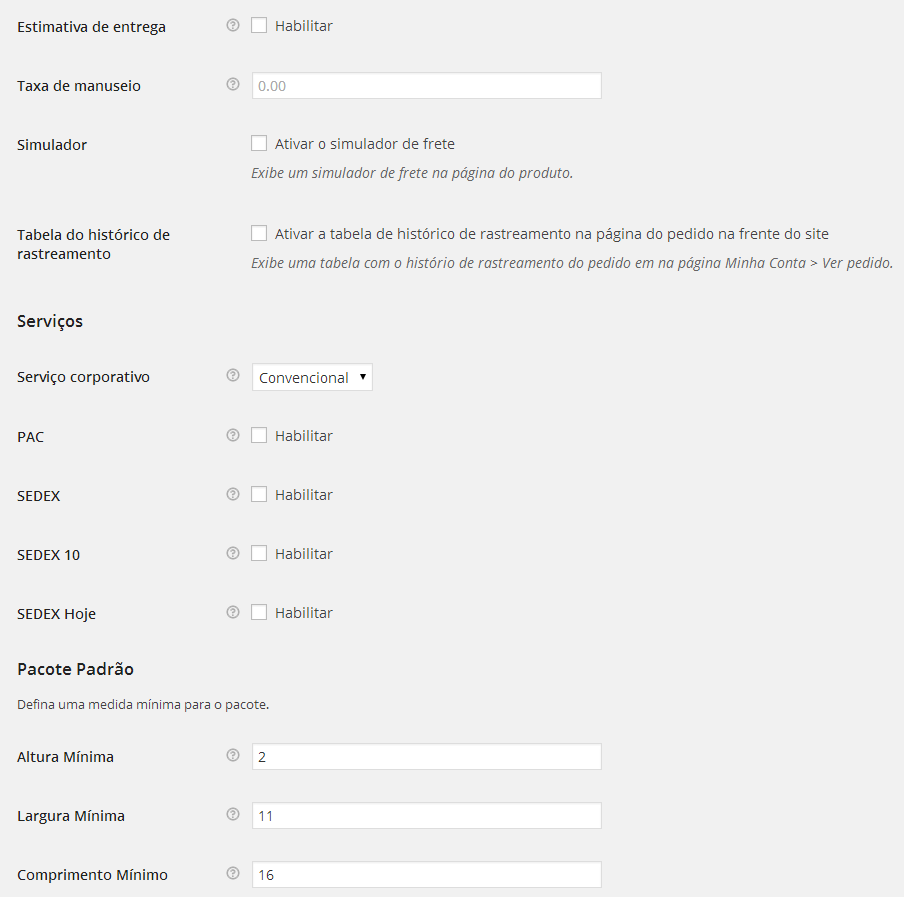 Configurações dos Correios no Woocommerce