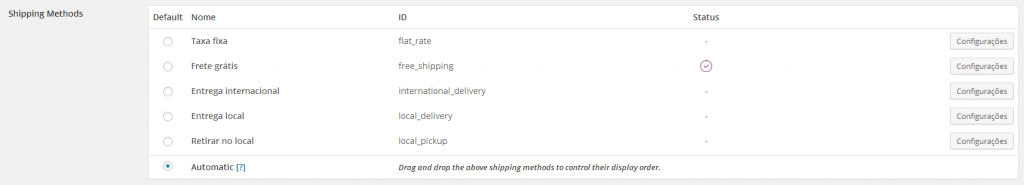 Métodos de entrega padrões do WooCommerce