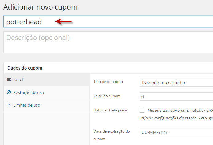 adicionar cupons no woocommerce - código e descrição