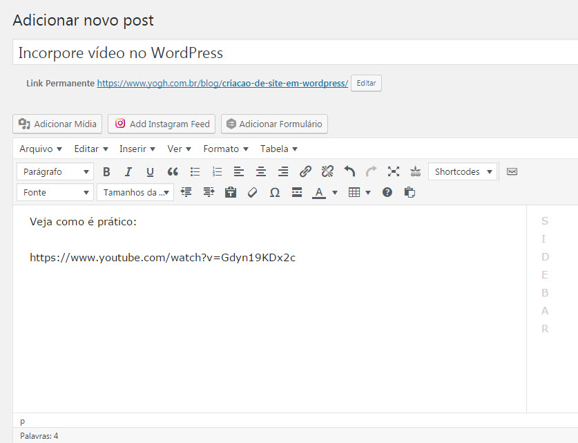incorporar vídeo em site WordPress - url