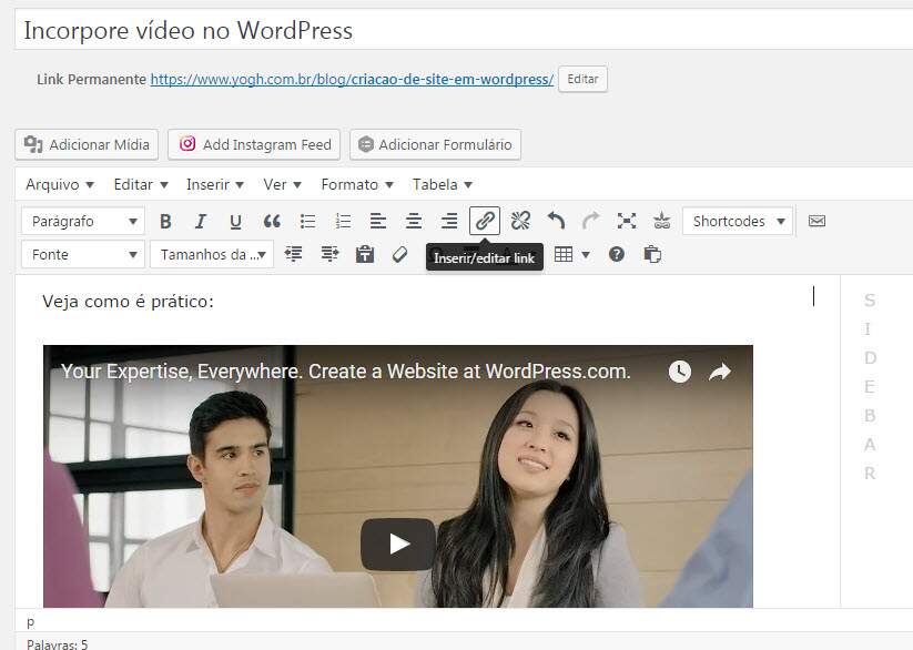 incorporar vídeo em site WordPress - url incorporada
