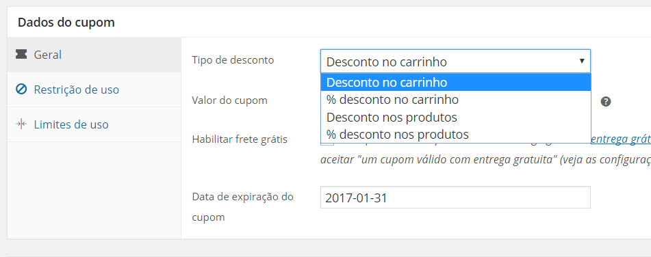 adicionar cupons no woocommerce - tipos de cupom