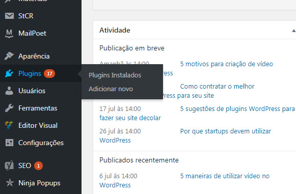 plugins desativados - plugins instalados e adicionar novo