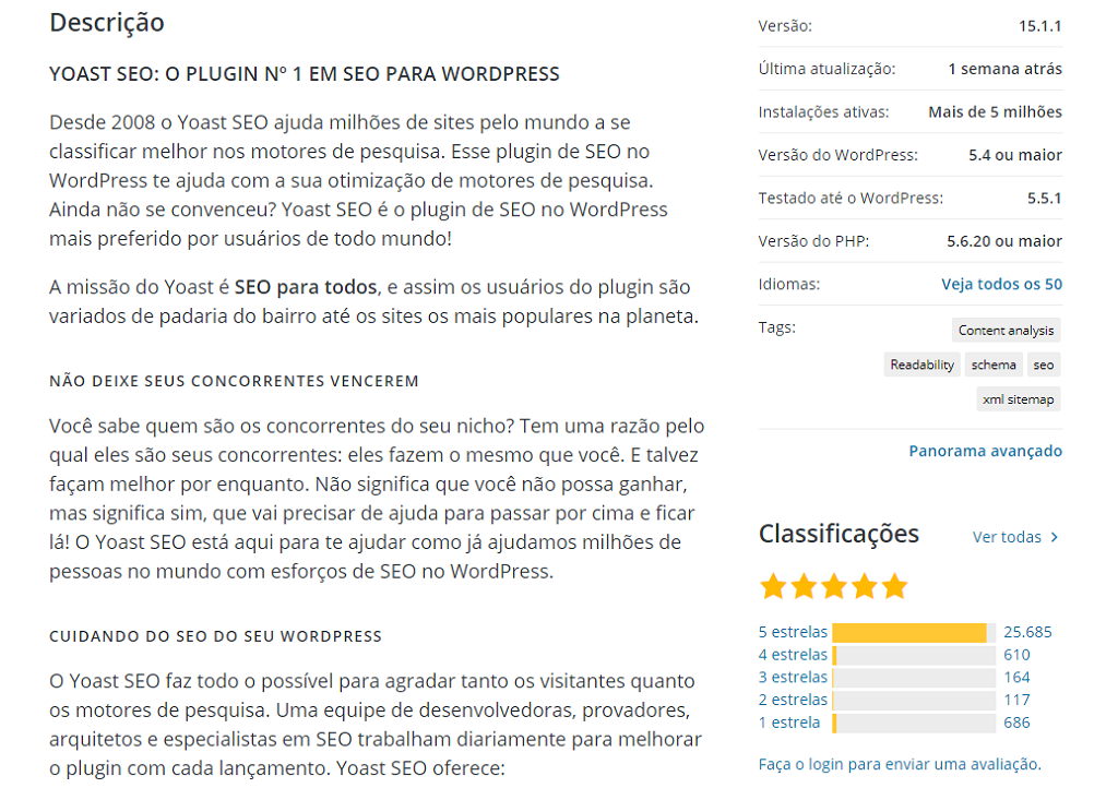 Informações sobre o plugin são disponibilizadas no repositório do WordPress