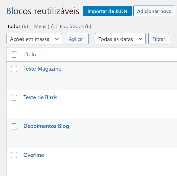 Imagem que ilustra a lista de blocos reutilizáveis no painel do WordPress 
