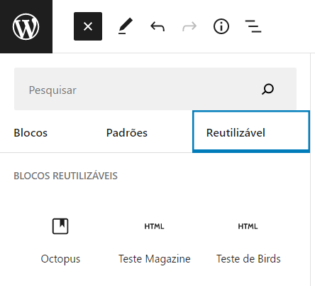 Imagem que ilustra o acesso a aba de bloco reutilizável no novo editor de blocos