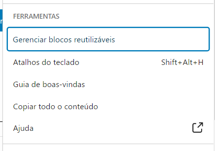 Imagem que ilustra o menu para acessar o gerenciar blocos reutilizáveis