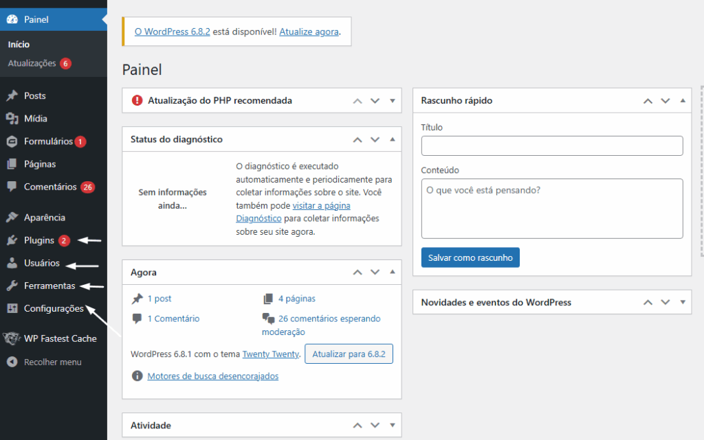 Esse é o exemplo de um painel do WordPress com recursos voltados para administradores liberados