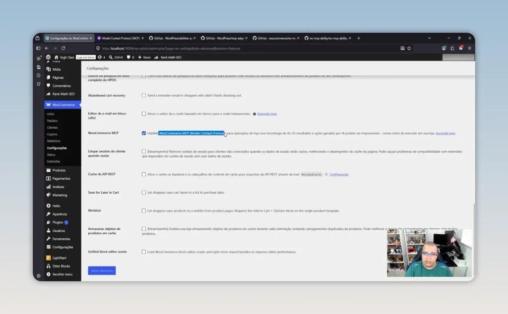 Configurações do MCP no WooCommerce no painel do WordPress