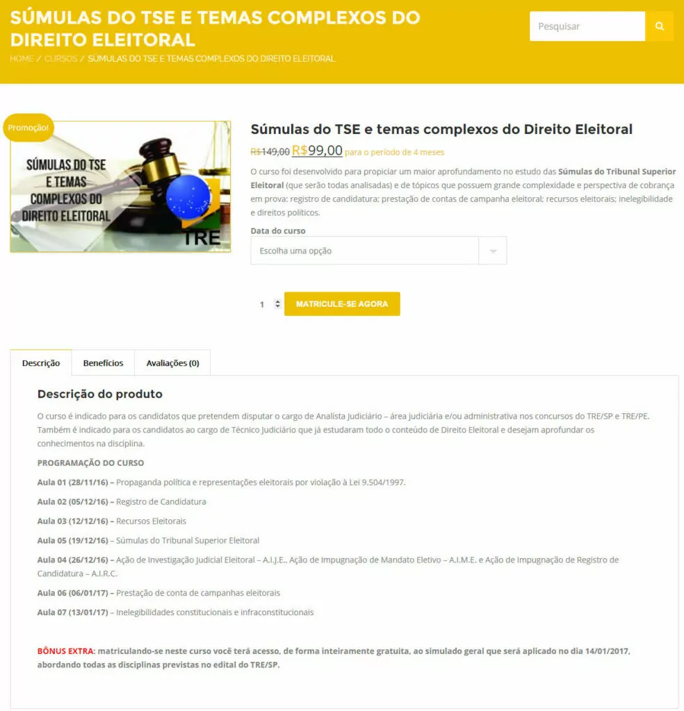 Exemplo página de venda do curso no WooCommerce utilizando Sensei