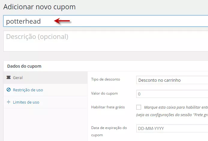 adicionar cupons no woocommerce - código e descrição