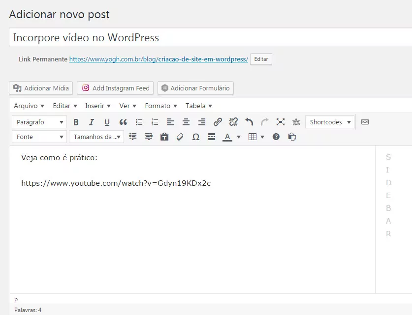incorporar vídeo em site WordPress - url