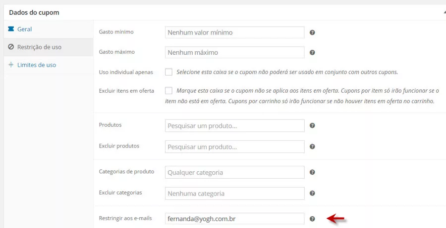 adicionar cupons no woocommerce - restrição de uso