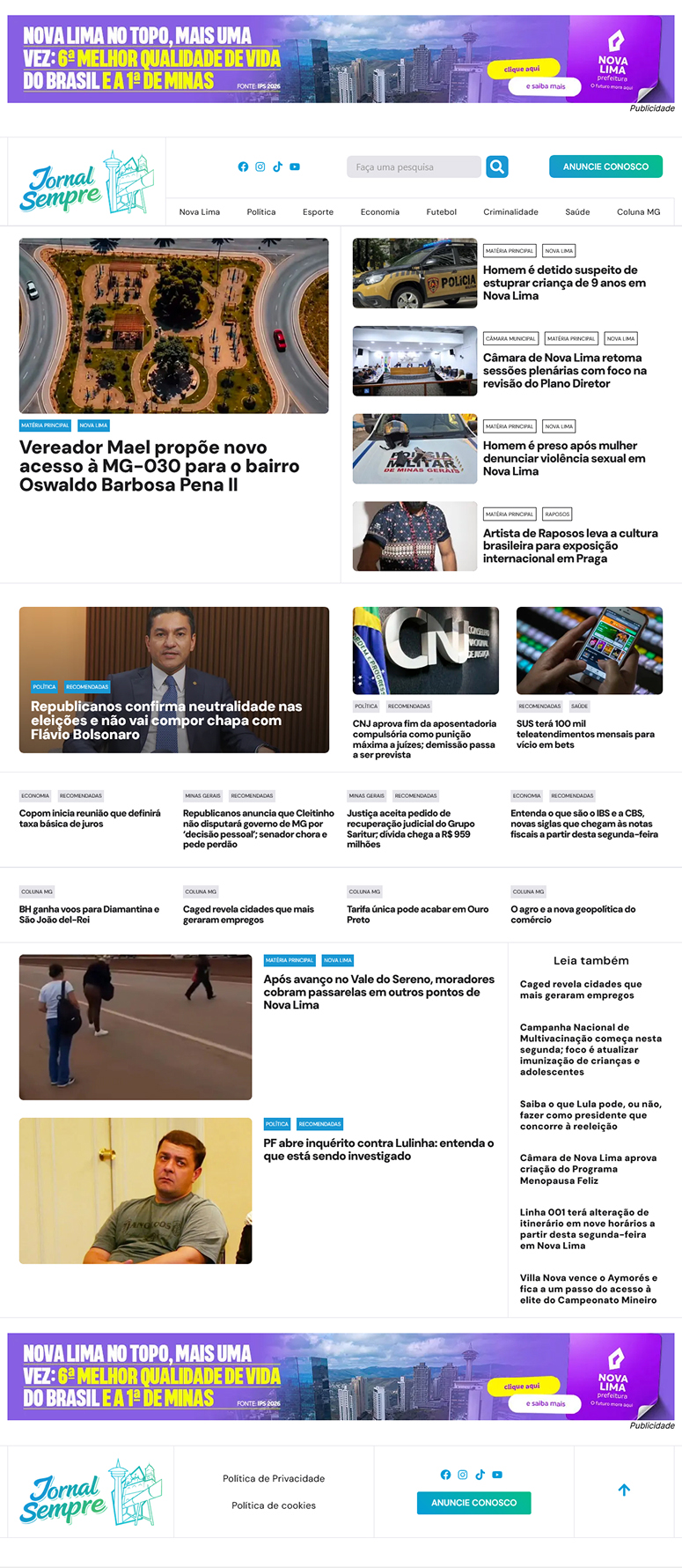 Novo layout do site Sempre Nova Lima